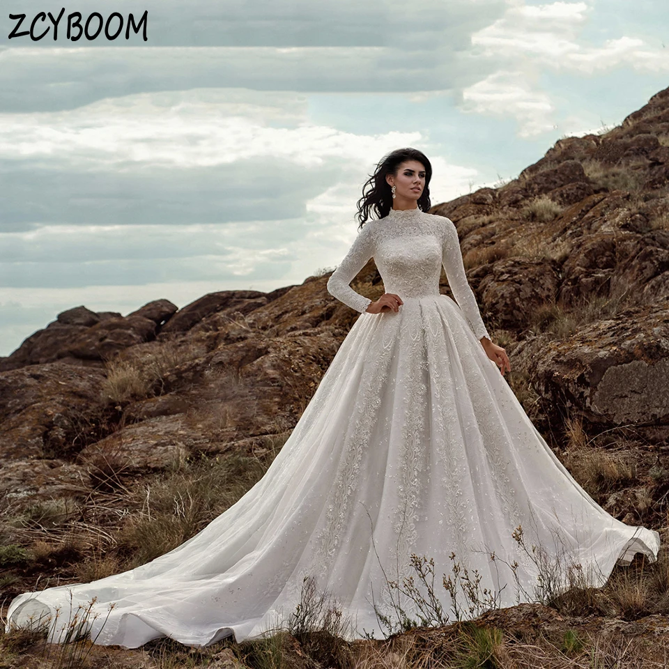 Луксозно мюсюлманската сватбена рокля с аппликацией с високо воротом и дълги ръкави 2024 г., трапециевидное сватбена рокля с дължина до пода, сшитое по поръчка