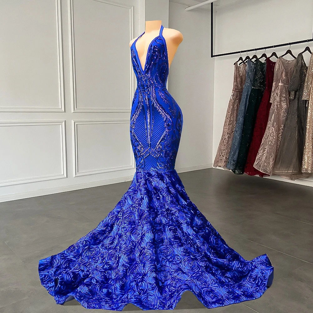 Царско синьо Дълги елегантни рокли за бала 2023, без ръкави, с пайети, без облегалки, за черни момичета, Царски син вечерни рокли за бала